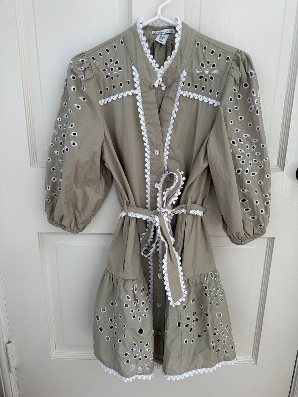 CHRISTIAN LACROIX Olive Eyelet Cotton Shirt Dress with White Trim SIZE MEDIUM